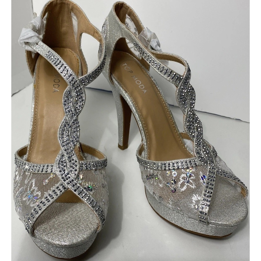 Silver T-Strap Stiletto Heels Womens 7.5 Mofa Formal Lace Ankle Strap Peep Toe